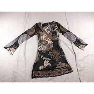 Hale Bob Dress L Floral Silk Multicolor Faux Wrap Knit Trim Pull On